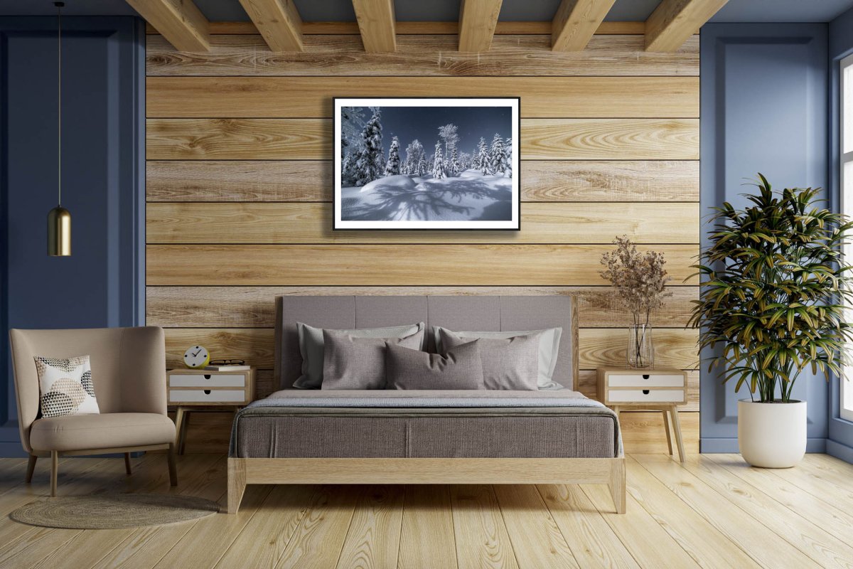 Framed photo of Finnish forest winter night, silvery moonlight, snow, hare tracks, starry sky, wooden bedroom wall.