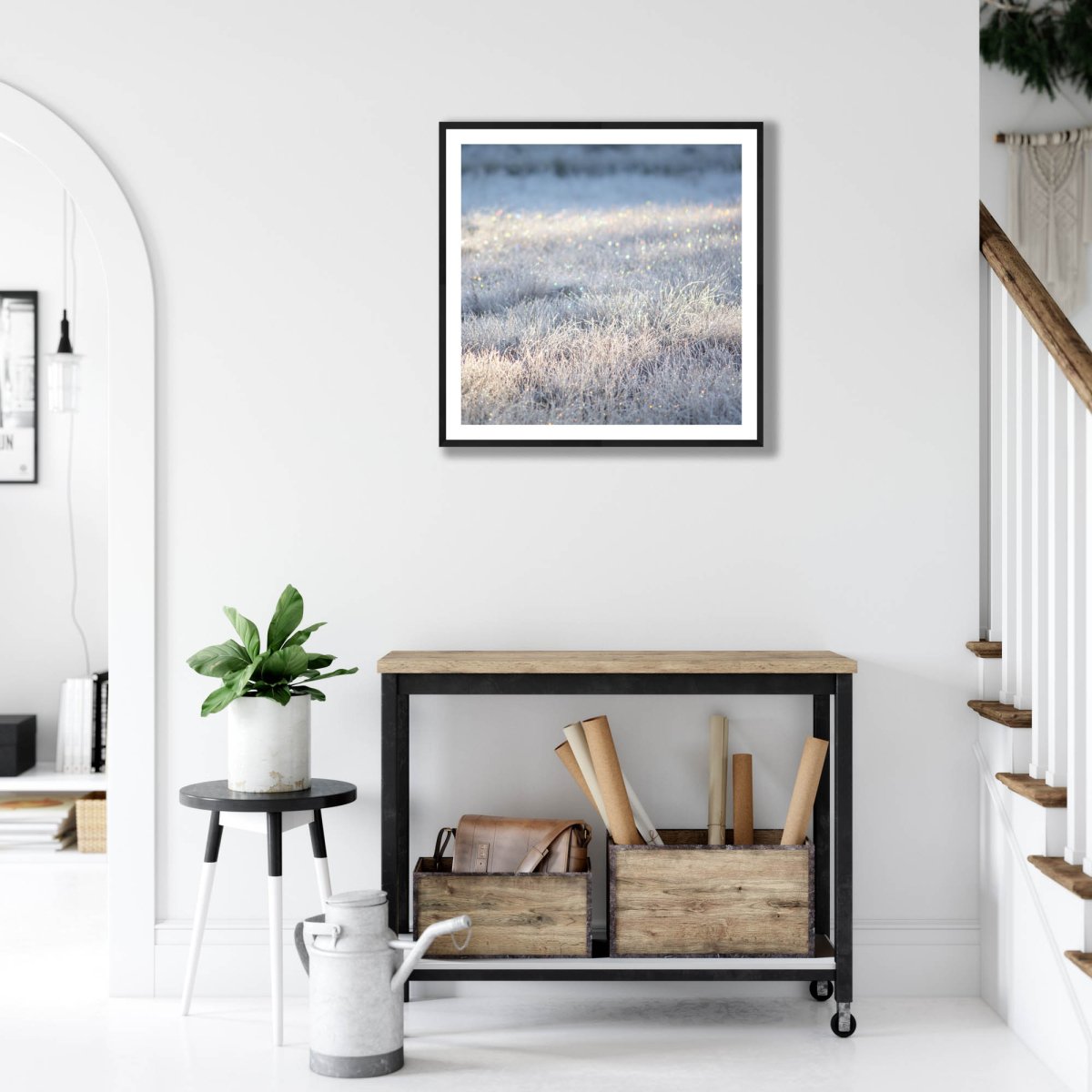 Framed photo of frosty marsh with sparkling sunlight, black frame, white living room wall.