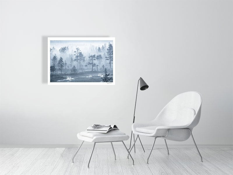 Photo of dense morning fog shrouding grassy marshland and forest, tree crowns visible, white living room wall.