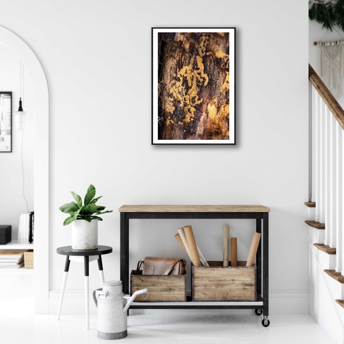 Framed fine art photography print of a bark beetle marks on a tree, on a white wall above a small desk in a living room.