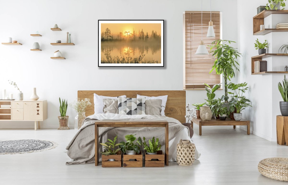 Framed forest pond sunrise photo, mirror-like water, golden hues, white bedroom wall.