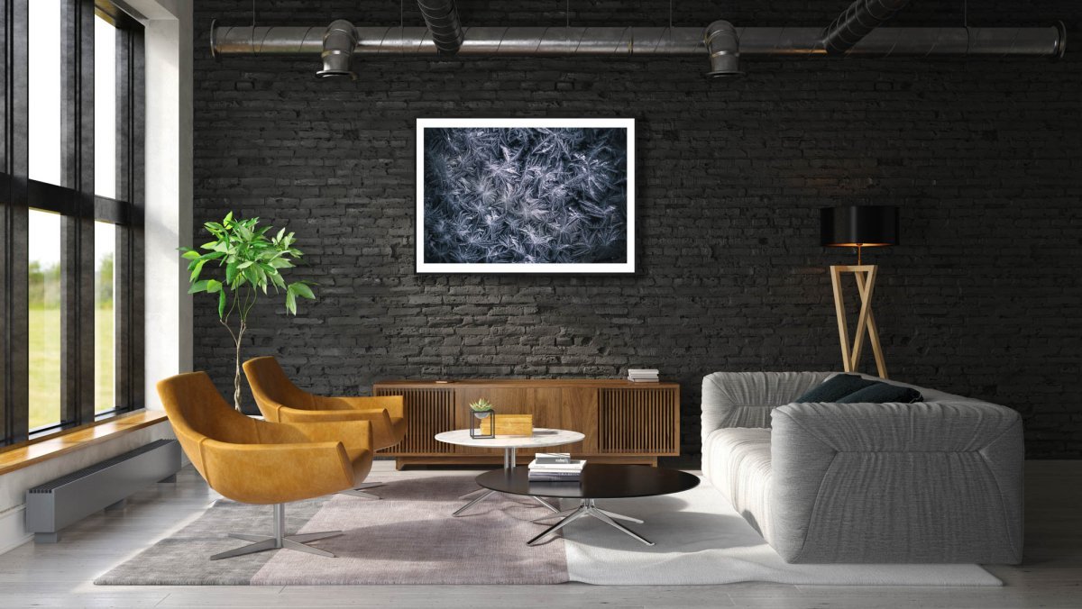 Framed close-up frost flower photo, minimalist white and deep blue palette, black brick living room wall.