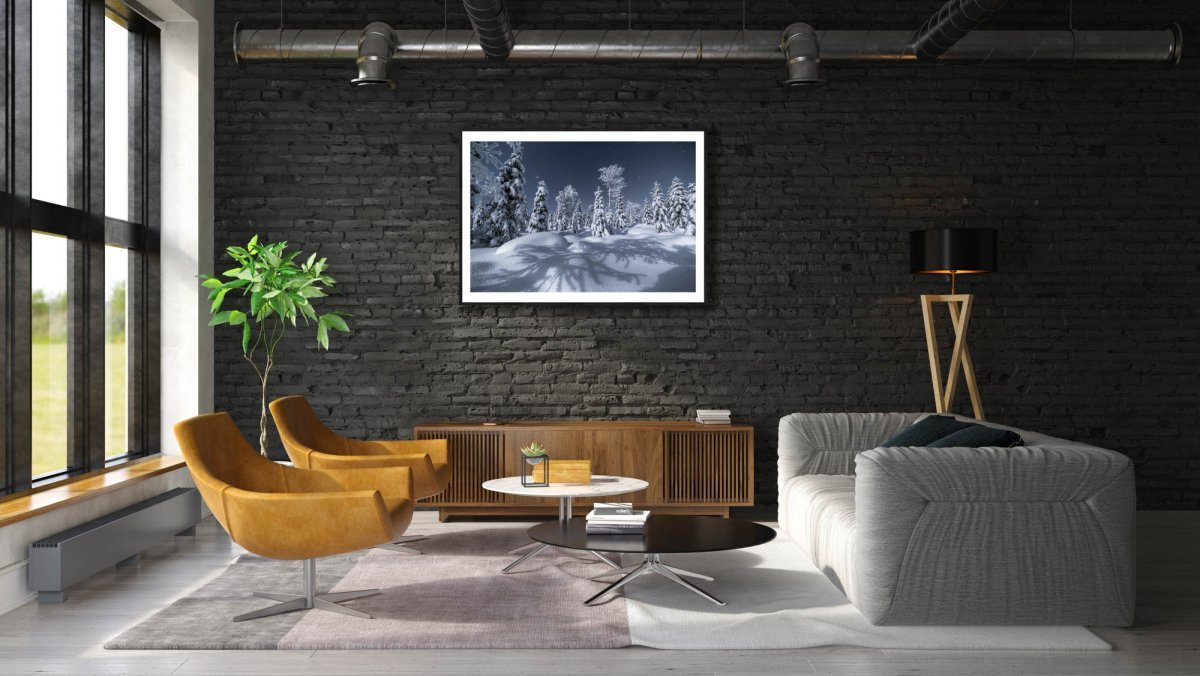 Framed photo of Finnish forest winter night, silvery moonlight, snow, hare tracks, starry sky, black brick living room wall.