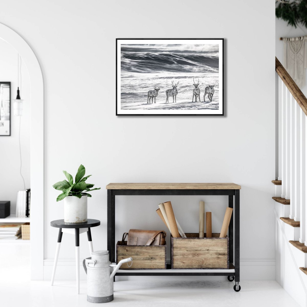 Framed photo of reindeer herd in Arctic wilderness, snow and ice, wind blowing snow, white living room wall.