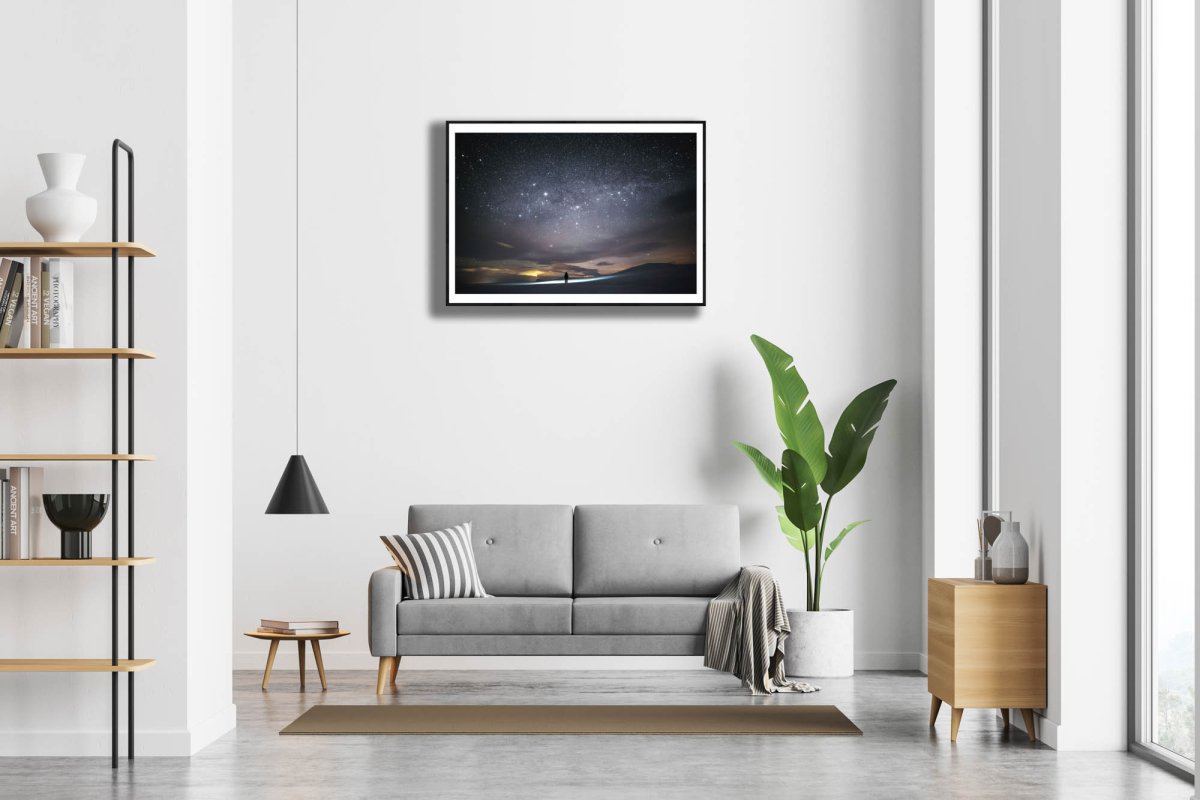 Arctic stargazing photo, vast night sky, twinkling stars, white living room wall.