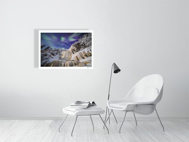 Fine art print: Northern Lights above moonlit icefall, on white living room wall.