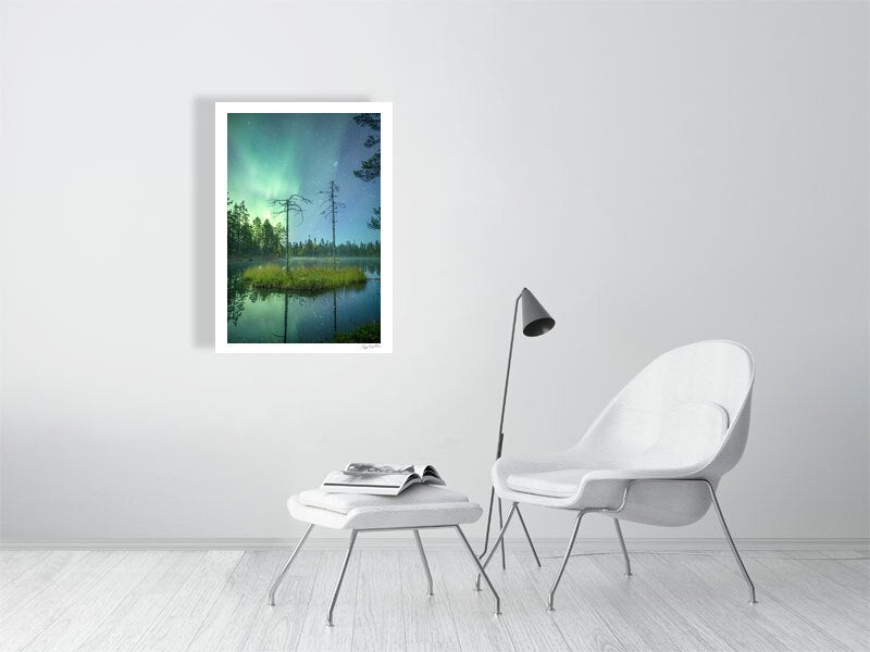 Photo, autumnal forest pond, island with two pines, Northern Lights and stars reflection, white living room wall.