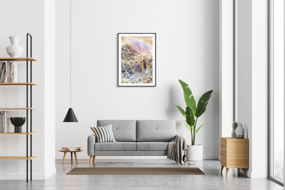 Framed fine art photography print of shining frosty marshland plants and is hung on a white wall above a sofa in a modern living room.