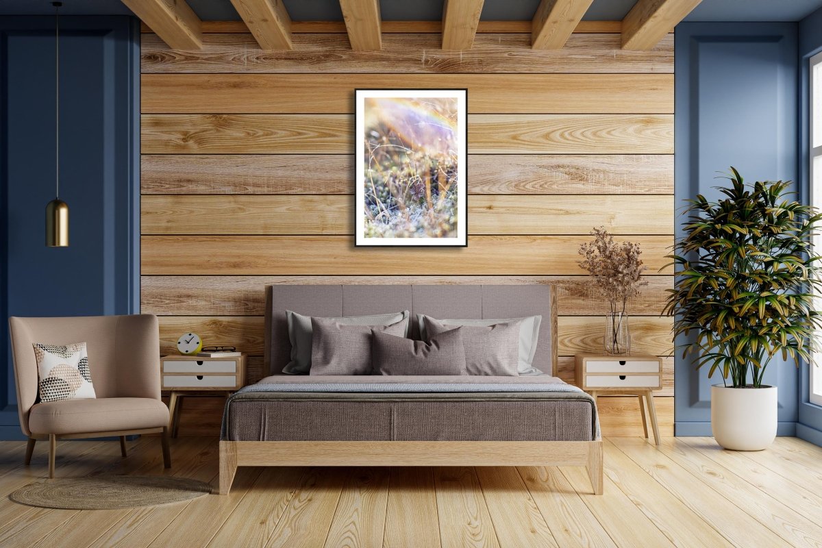 Framed fine art photography print of shining frosty marshland plants and is hung on a wooden wall above a bed in a bedroom.