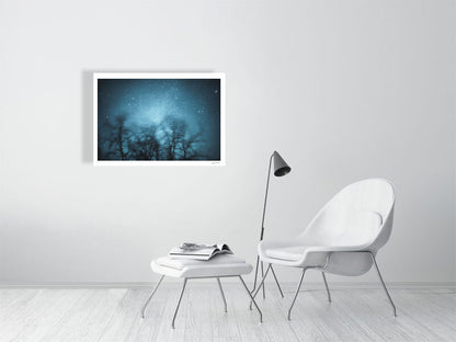 Long-exposure winter storm photo, swaying trees against starry sky, displayed on white wall in living room.