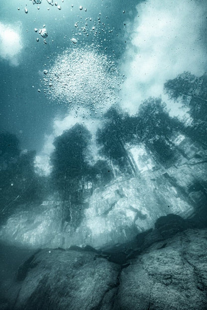 Underwater view of ascending bubbles, forest atop rock, partly cloudy sky.