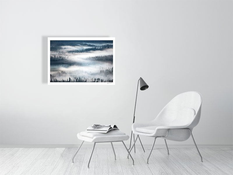 Foggy boreal forest photo, tree silhouettes, white living room wall.