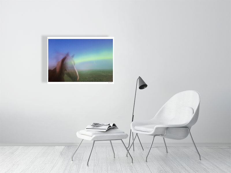 Fine art photography print of Horses with auroral antlers in a long exposure photo, displayed on white living room wall.