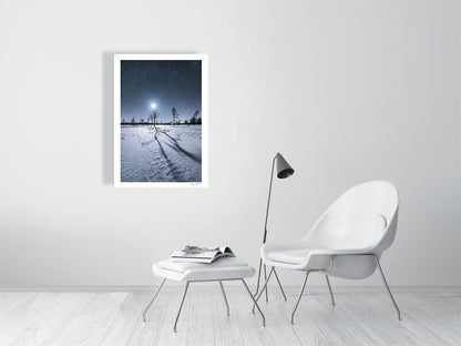Photo of magical winter night in northern marshy forest, white living room wall.