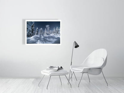 Photo print of moonlit winter night in Finnish forest, white living room wall.