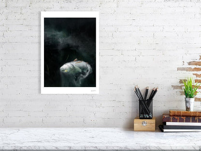 Underwater photo of dead perch rising from bottom, displayed on white wall in living room.