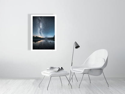 Photo print of Milky Way, stars, and shooting star mirrored in lake, northern autumn night, white living room wall.