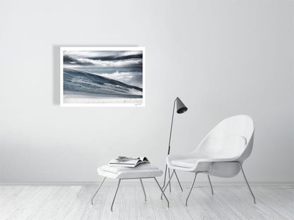 Photo print of ski hikers in Arctic wilderness, white wall.