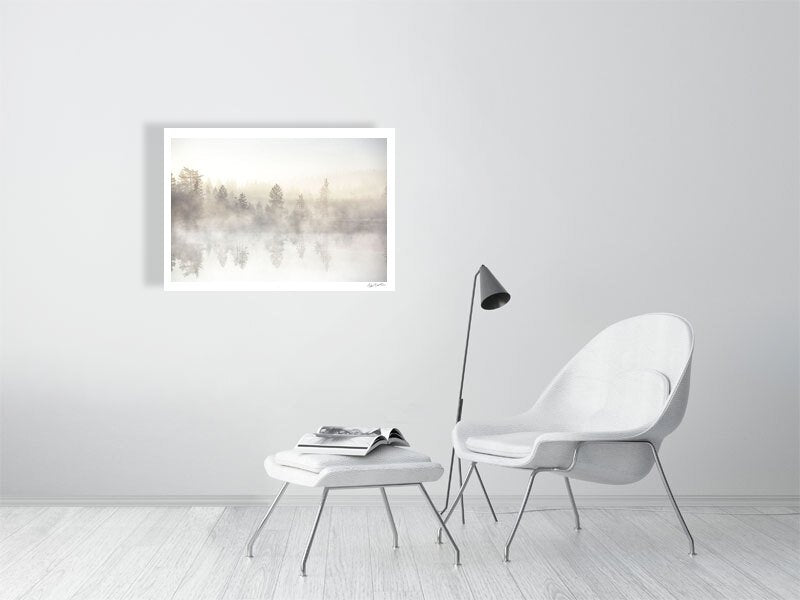 Forest pond photo print, trees reflected, early morning light, white wall in living room.