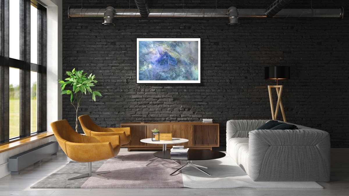 Framed print of Decaying algae lies on the bottom of a lake above a cabinet in a living room.