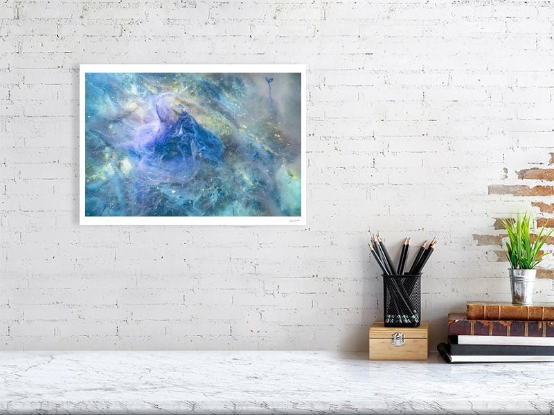 Print of Decaying algae lies on the bottom of a lake on a white wall in a living room.