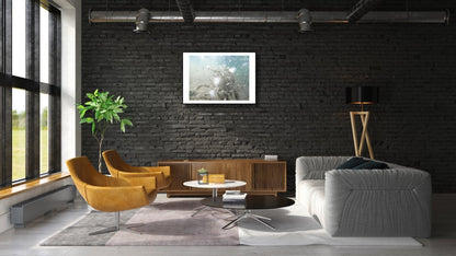 Framed print of The silt is messing up visibility near the water plant at the bottom of the lake above a cabinet in a living room.