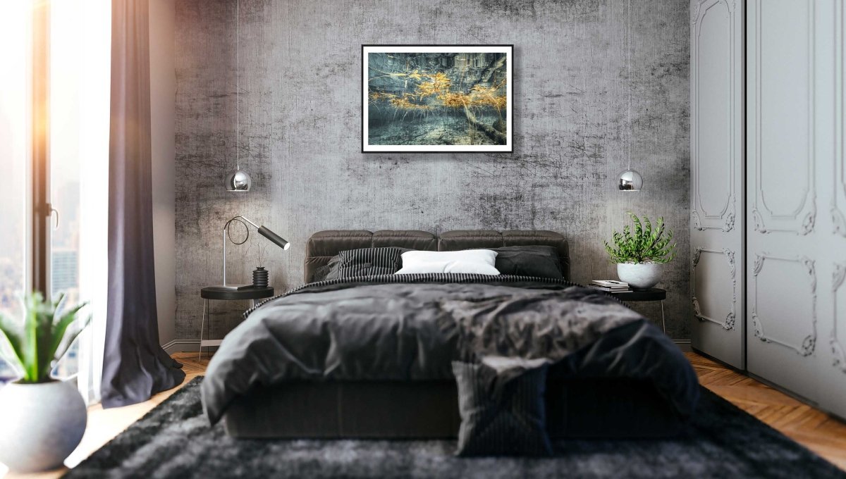 Black-framed underwater lake scene print, surreal yellow autumn plant reflections, bedroom wall.