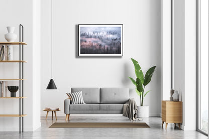Framed boreal forest fog print, trees disappearing into the mist, white wall.