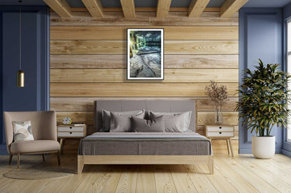 Wooden-framed underwater spring photo, bedroom wall.