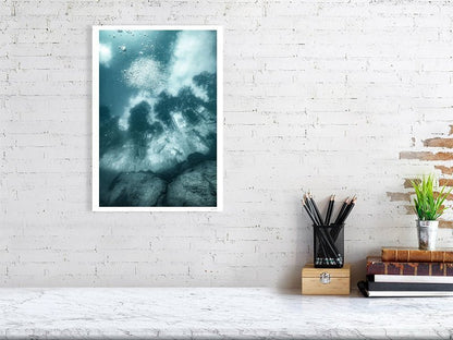Diver's breath bubbles print, forest, sky, white wall.