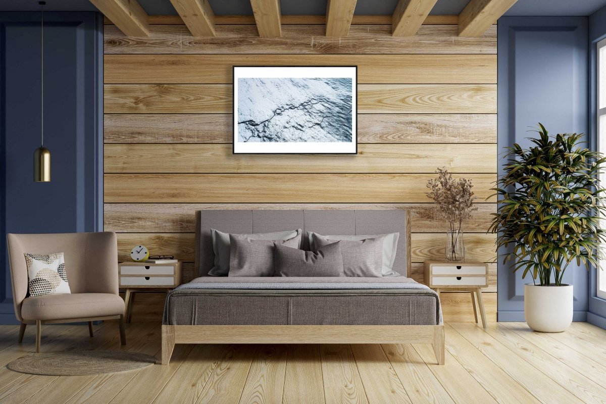 Framed Norway frozen ocean aerial photo print, cracked ice graphic pattern, bedroom wooden wall.