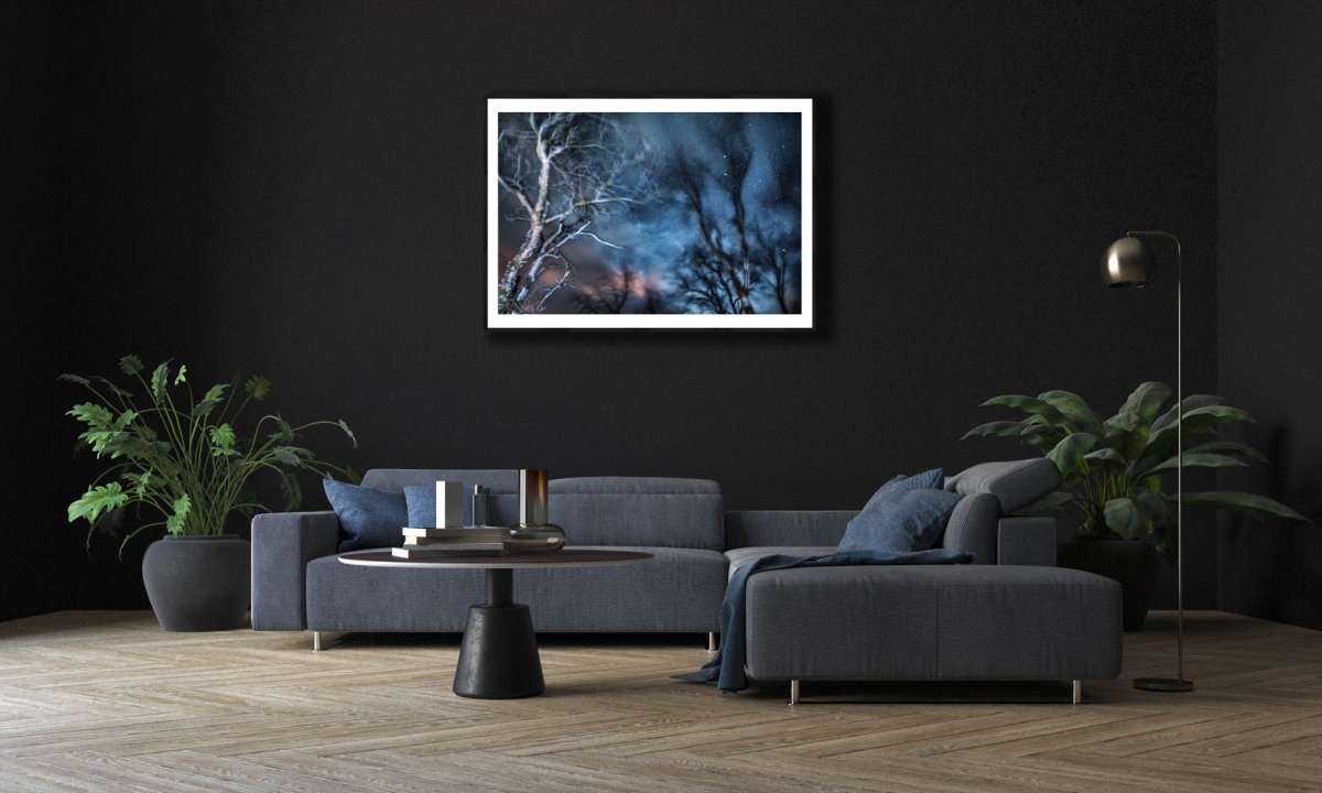 Framed winter storm long exposure photo of swaying trees, black wall in modern living room.