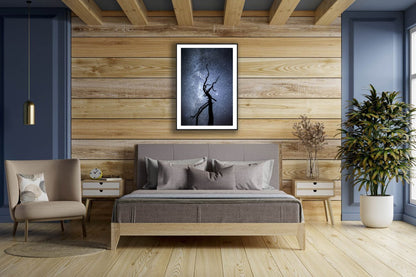 Framed deadwood tree starry night sky Milky Way photo, wooden bedroom wall.