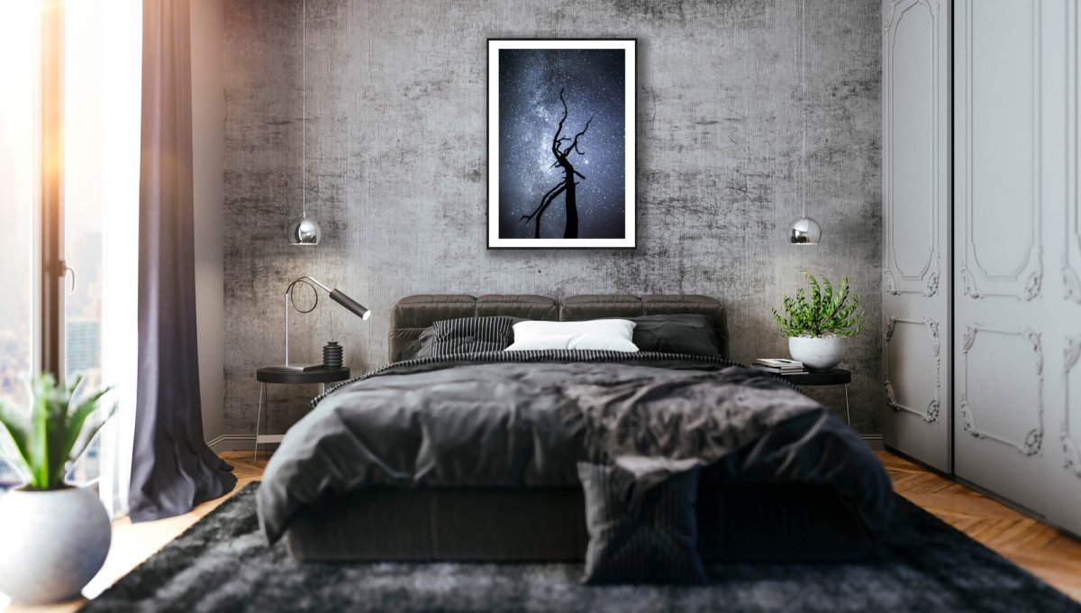 Framed fine art photography print of a deadwood tree silhouetted against a starry night sky with the Milky Way galaxy, hung on a grey stone wall above a bed in a bedroom.