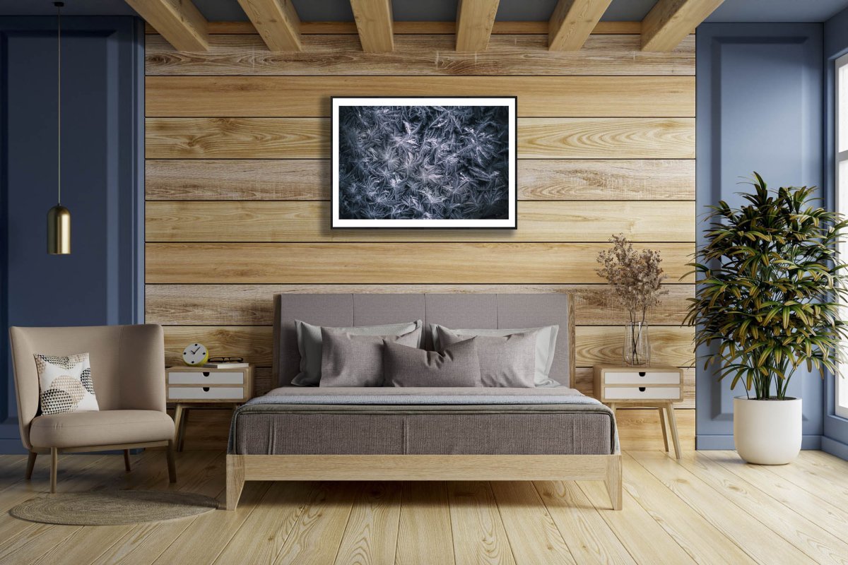 Framed close-up photo of frost flowers, minimalist white and deep blue, wooden bedroom wall.