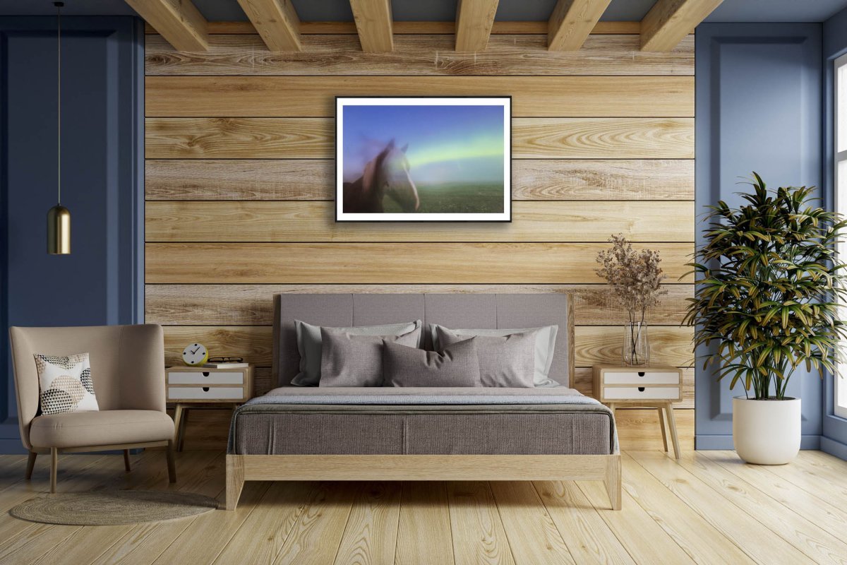Framed long exposure photo, horses with Northern Lights antlers, wooden bedroom wall.