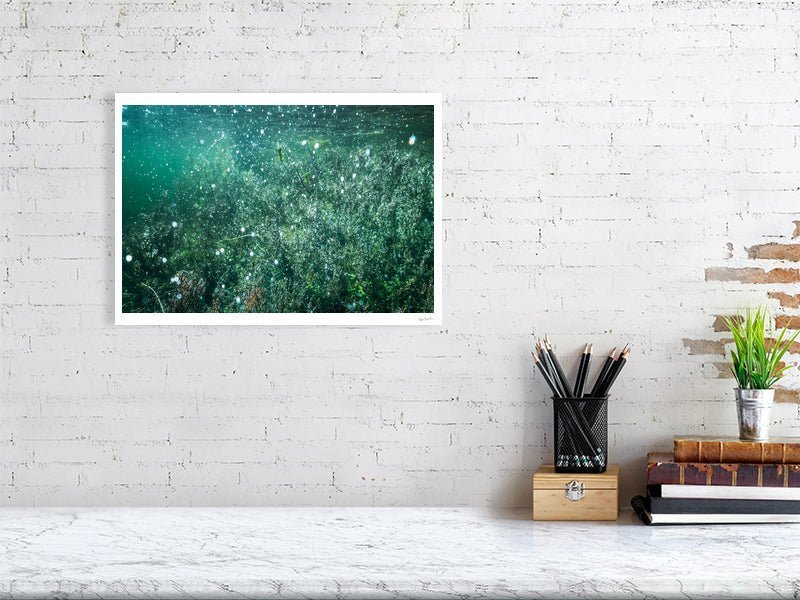 Photo print of underwater flooded lake with air bubbles, magical atmosphere, white living room wall.