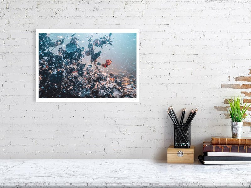 Photo print of underwater swirling autumn leaves photo, white wall in modern living room.