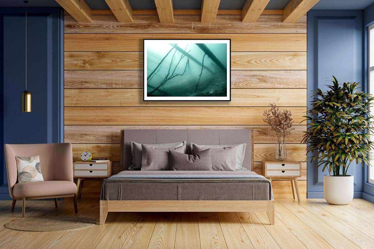 Framed photo of sunken forest underwater with mist, eerie atmosphere, wooden bedroom wall.