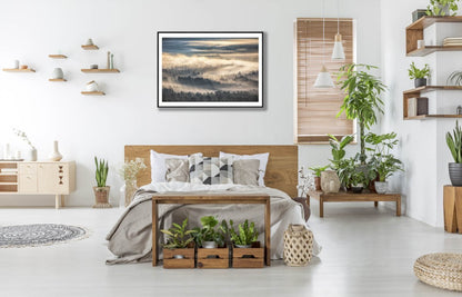 Framed photo of misty forest valley, sunrise casts delicate yellow hues, white bedroom wall.