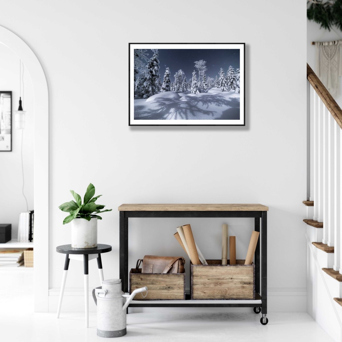 Framed photo of Finnish forest winter night, silvery moonlight, snow, hare tracks, starry sky, white living room wall.