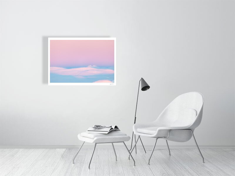 Photo print of Arctic highland after polar night with pastel tones, white living room wall.