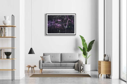 Framed underwater willow roots photo, pink reflection, white wall above sofa in modern living room.
