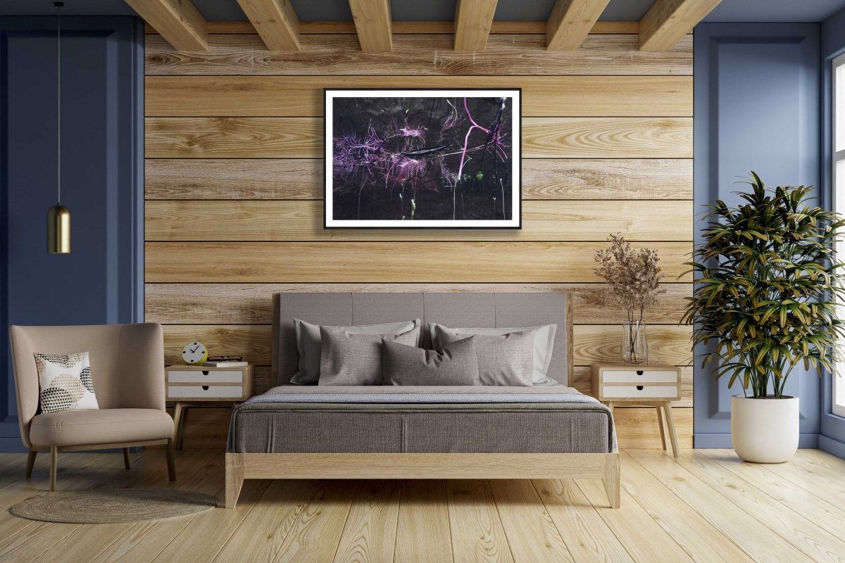 Framed underwater willow roots photo, pink reflection, wooden wall above bed in bedroom.