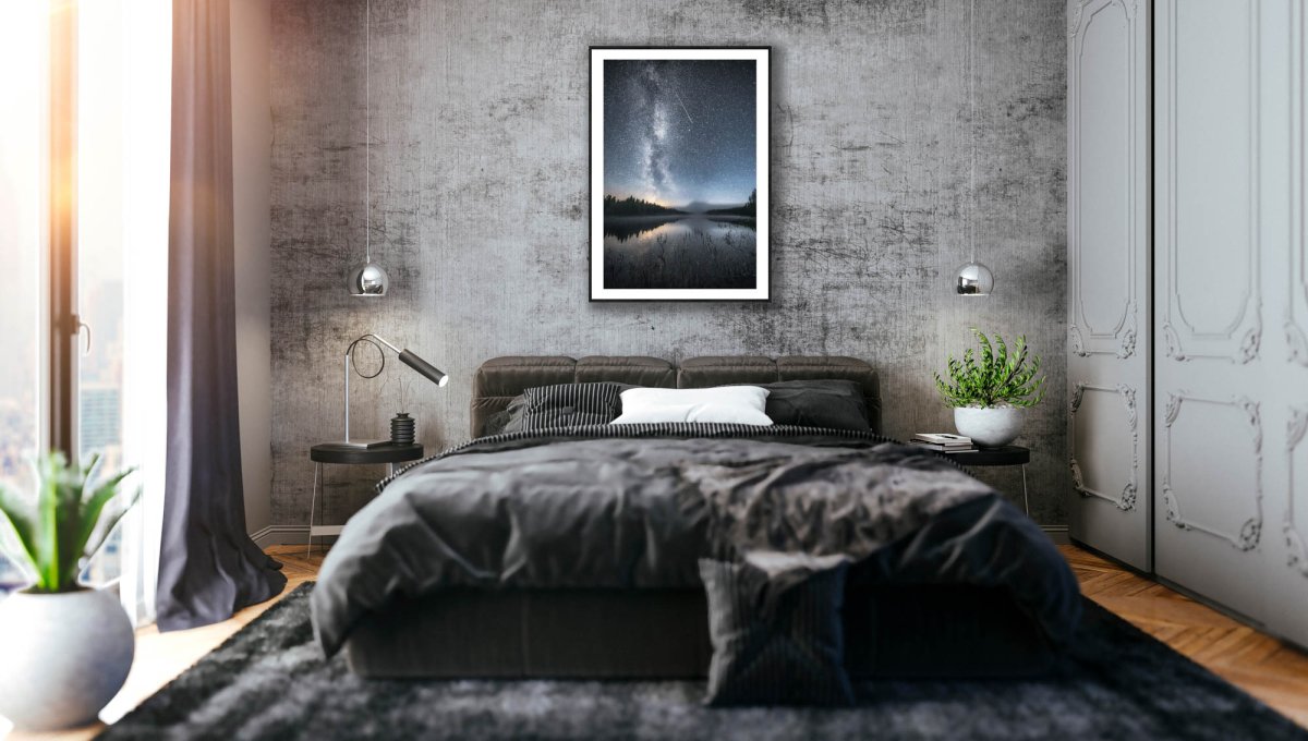 Framed photo of Milky Way, stars, and shooting star mirrored in lake, northern autumn night, stone grey bedroom wall.