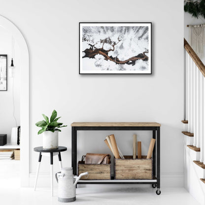 Framed photo of spring streams flowing into pond in snowy forest, white living room wall.