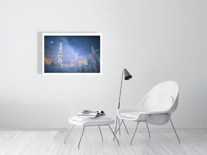 Photo print of snow-draped trees in Riisitunturi fell, Finland, under starry sky, white living room wall.