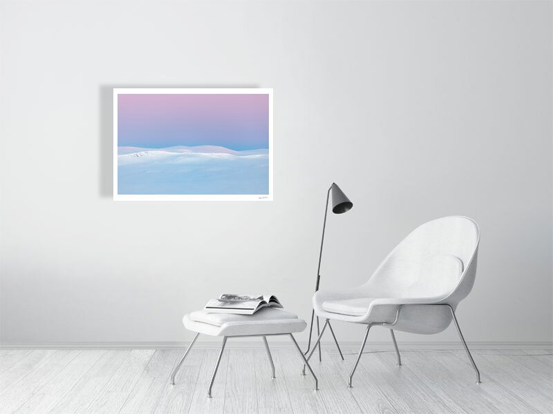Photo print of Arctic highlands after polar night, sun rising, pastel hues, white living room wall.