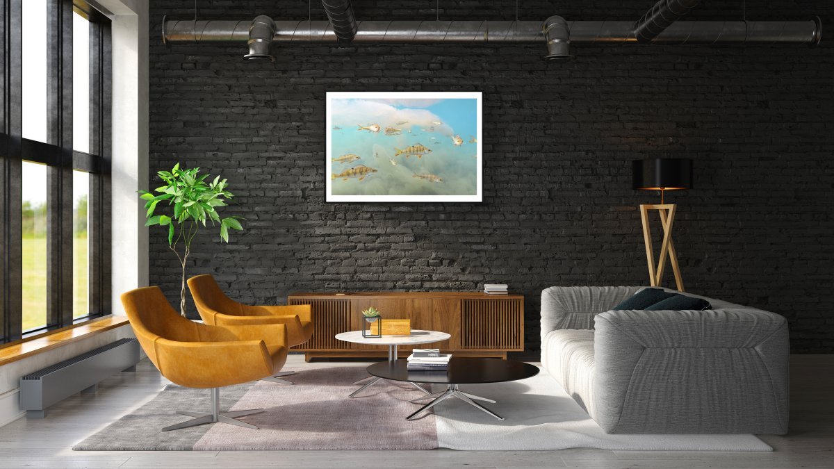 Framed print of perch seemingly flying in algae-filled lake above a cabinet in a living room.