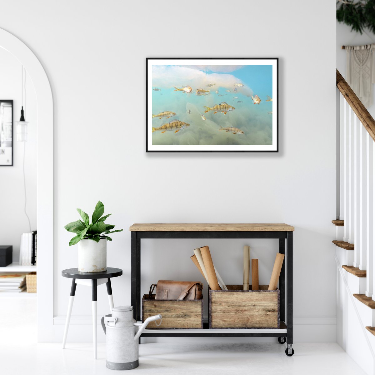 Framed print of perch seemingly flying in algae-filled lake above a desk in a living room.